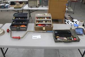lot 488 image: Manual Ice Auger, Fishing Tackle Boxes (x3), Assorted Fish Tackle
