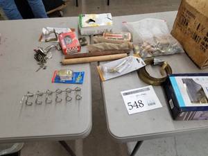 lot 548 image: House Hardware - Schlage Brass Bed & Bath Handle Set, Drawer Pulls, 3-Way Socket, Brass Door Closer, Hand Rail Bracket, Screws, Misc. Hardware