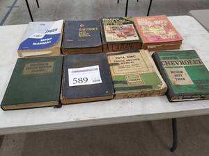 lot 589 image: Lot of (8) Auto Repair Books - Motors Truck Repair, 1958 Chevolet Truck Shop Manual, 1963 Chiltons Auto Repair, Chiltons 1971-1978 Truck & Van, Chiltons 1979 Auto Repair, 1973 Chevrolet Medium Duty Truck, 1974 GMC Truck, Motors Auto Repair