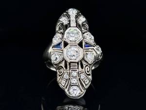 Antique Art Deco 1.14ctw Diamond & Natural Sapphire Estate Horn Ring in 18k White Gold VIDEO