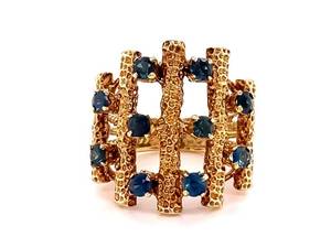 Artistic Elegance Blue Sapphire Designer Brutalist Estate Ring in 14k Yellow Gold VIDEO