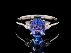 Stunning Vibrant Oval Tanzanite & Diamond 3-Stone Estate Ring in 14k White Gold