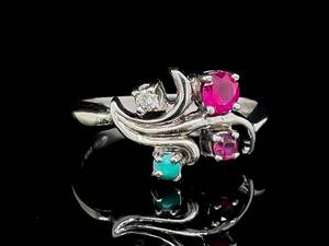 Art Nouveau Ruby, Diamond & Nano Turquoise Estate Ring in 14k White Gold