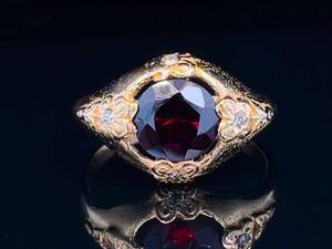 Antique Deep Rich Garnet & Diamond Floral Vintage Estate Ring in 10k Yellow Gold