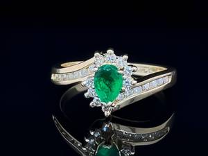 Emerald Elegance Estate Pear Natural Emerald & Diamond Cluster Bypass Ring in 14 Yellow Gold