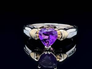Rich Purple Color 1.08ctw Amethyst Heart & Diamond 14k Two-Tone Gold Estate Ring