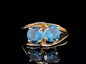 Lovely Bright Sky Blue 2-Stone Bypass Estate Ring in 10k Yellow Gold