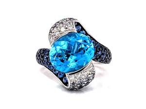 Statement Luxury Blue Topaz & Diamond, and Sapphire Contemporary Swirl Ring in 18k White Gold VIDEO