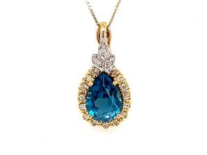 Enchanting 0.95ctw Blue Topaz & Diamond Halo Leaf Pendant Necklace in 14k Two-Tone Gold
