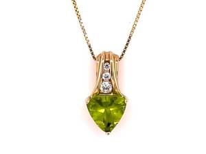 Vibrant Green Color Triangle Peridot & Diamond Drop Pendant Necklace in 10k Yellow Gold VIDEO