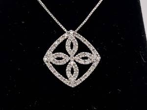 Dazzling Estate 14 Carat Diamond Filigree Square Clover Slide Pendant in 14k White Gold VIDEO