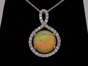 Designer Stamped Estate Firey Opal & Diamond Round Halo Pendant Necklace in 14k White Gold VIDEO