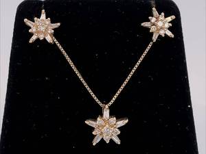Sparkly Diamond Cluster Minnesota Snowflake Studs & Pendant Necklace Estate Set in 14k Yellow Gold