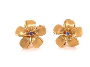 Estate Treasures Blooming Plumeria Tanzanite Stud Earrings in 14k Yellow Gold VIDEO
