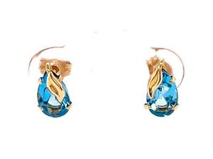 Nature Inspired Raindrop Pear Blue Topaz Leaf Stud Earrings in 10k Yellow Gold