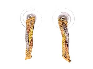 Retro Shiny Tri-Color Gold Woven Herringbone Dangle Earrings in 14k Gold Estate