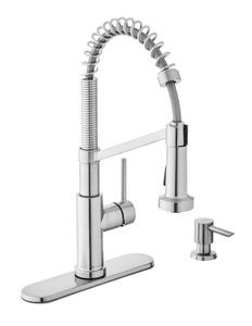 GLACIER BAY Gage Single-Handle Spring Neck Pull-Down Kitchen Faucet with TurboSpray, FastMount, Soap Dispenser in Stainless Steel