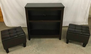 lot 15 image: Coffee-Colored Book Case & Storage Ottomans
