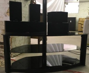 lot 37 image: Black Glass TV Stand and Klipsch & Micca Speaker System