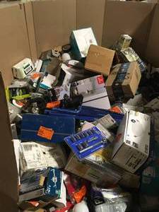 Home Depo Turbo  Pallet- gaylord with assorted small items, lightning, tools , hardware, and more various conditions see pictures