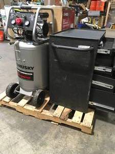 Pallet of Husky Shop tools and equipment-Compressors and Toll Box  Items tested  all in good condition customer returns see pictures