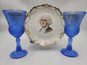 Elegant Collection-9.75 Royal Munich George Washington Plate,2 Blue Fostoria Goblets, still in their original box