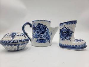 Lovely Vintage Russian Gzhel Pottery Collection-Boot, Keepsake Box, & Creamer