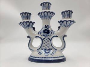 Lovely Vintage Russian Gzhel Pottery Candlestick
