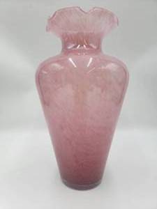 Gorgeous 14 Hand-Blown Rose Glass Vase with Ruffled Top