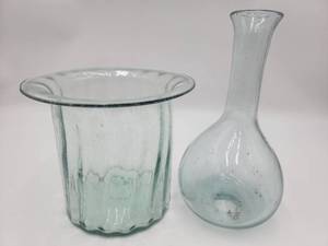 Two Vintage Stunning Green Hand-Blown Green Bubble Glass 6.25 x 7.25 Vase and 9.25 x 4 Carafe