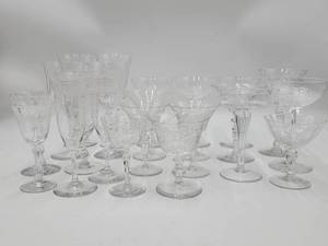 22 Beautiful Luxurious Long Stem Depression Etched and Cut Fine Crystal Glass