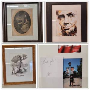 Rare Vintage Abraham Lincoln Framed Artwork-be In Athens Framed Print 18.75 x 22.75  -Framed and Signed Cat Clausen Abraham Lincoln Print 13.75 x 15 38,Framed and Matted Abraham Lincoln and Family Photo Print  14 58 x 17 58
