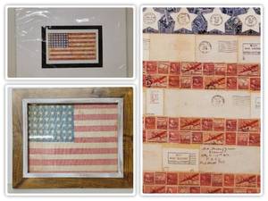 Rare Vintage Framed American Flag and Matted American Flag Made of Vintage Stamps