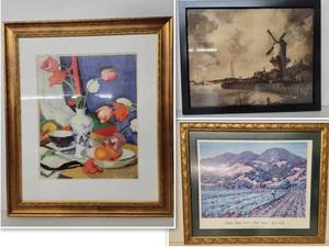 3 Beautifully Framed Art 26x31 Red Chair and Tulips Giclee by Samuel John Peploe - Robert Pecota 2000 Artists Series Napa Valley - Windmill at Wijk Duurstede by Dutch artist Jacob van Ruisdael