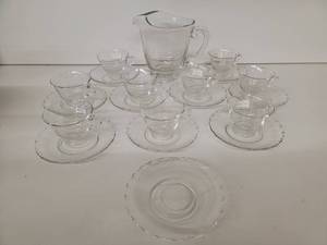 Vintage 19 Piece Depression Glass Set-Pitcher, Saucers, TeaPunch Cups