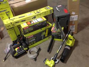 Lot of assorted ryobi tools (includes electric pressure washers, cordless chain saws, cultivators) see pictures