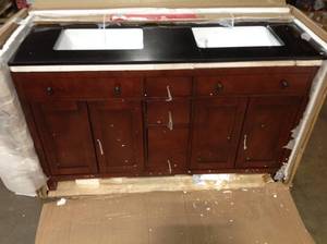Pegasus Austen 60 in. Vanity in Dark Cherry with Granite Vanity Top in Black (Top is damaged  cracked see pictures) review pictures