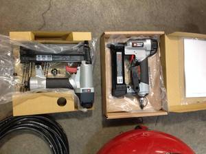 Porter-Cable 6 Gal. Portable Electric Air Compressor with 16-Gauge, 18-Gauge and 23-Gauge Nailer Combo Kit (3-Tool) in good condition see pictures