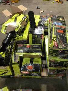 Pallet with  assorted Ryobi Outdoor tools  chainsaws and cicular saws with few blowers various models and conditions customer returns review all pictures