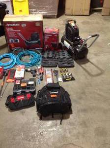 Lot of Husky compressors, hoses and mechanic sets and other husky appliances review all pictures