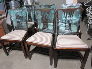 lot 730 image: HARP BACK DINING CHAIRS WITH UPHOLSTERED SEATS