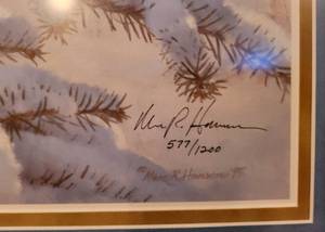 lot 170 image: Marc. R. Hanson Print - Two Pair, Cardinals & Chickadees