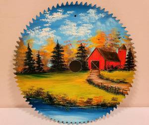 lot 243 image: Vibrantly Painted Saw Blade Featuring Farm Scene & Set of Farm Animals and Fixtures