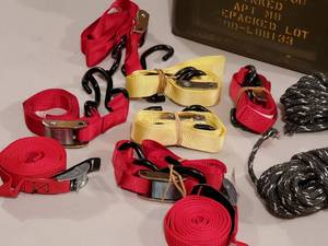 lot 222 image: Vintage Ammo Can Containing Cargo Tie Down Ratchet Straps