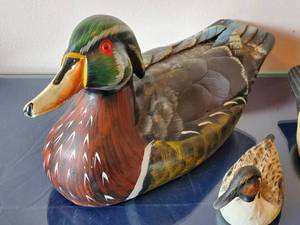 lot 282 image: (2) Wooden Carved Ducks and (1) Ceramic Duck