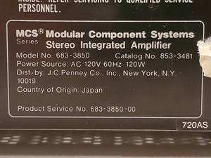 lot 233 image: MCS Series Stereo Integrated Amplifier Model 3850