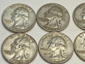 lot 304 image: Six Sequential US Silver Quarter Coins 1959, 1960, 1961, 1962, 1963 and 1964
