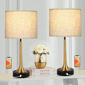 Set of 2 Touch Control Table Lamps with USB Ports AC Outlet 3-Way Dimmable Brass