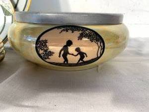 lot 127 image: Rare Yellow Lusterware Bowl with Childhood Silhouettes, Art Nouveau Placesetting, Ivy Trimmed Plates (G1)