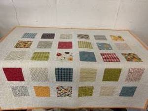 lot 202 image: Pretty and Colorful Handmade Quilt, IKEA Fabric, and Teal Placemats (C3)